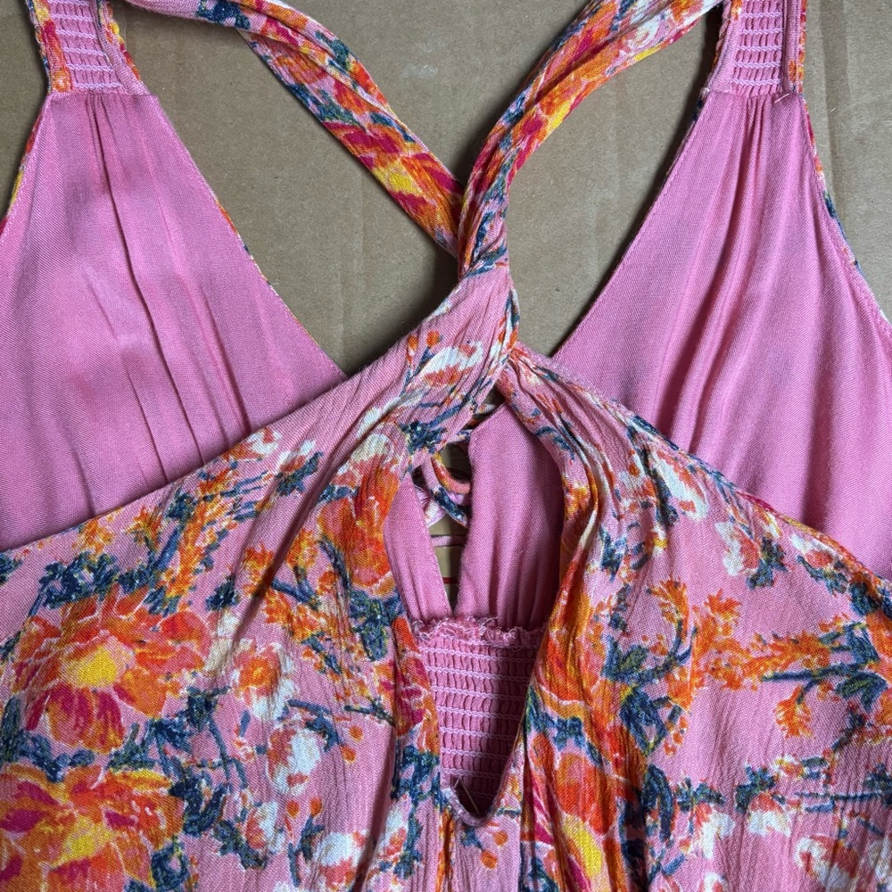 FREE PEOPLE Floral MINI DRESS with Tassels! Flirty Girly Boho Smocked Coral Pink - Picture 5 of 7